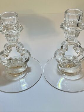 Vintage Clear Glass Keyhole Candlesticks, Pair by Cambridge Glass